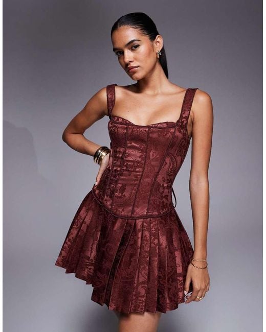 Murci Satin Jacquard Structured Corset Square Neck Pleated Mini Dress