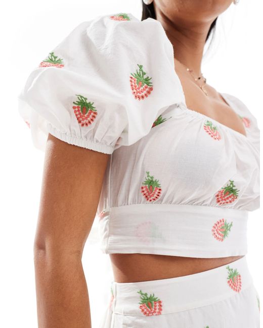 New Look White Co-Ord Strawberry Embroidered Crop Top