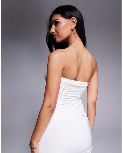 Kaiia White Exclusive Double Layered Slinky Bandeau Gathered Tie Side Top Co-ord
