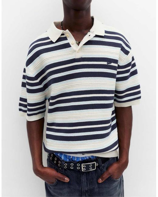 Pull&Bear Blue Stwd Striped Knit Polo Shirt for men