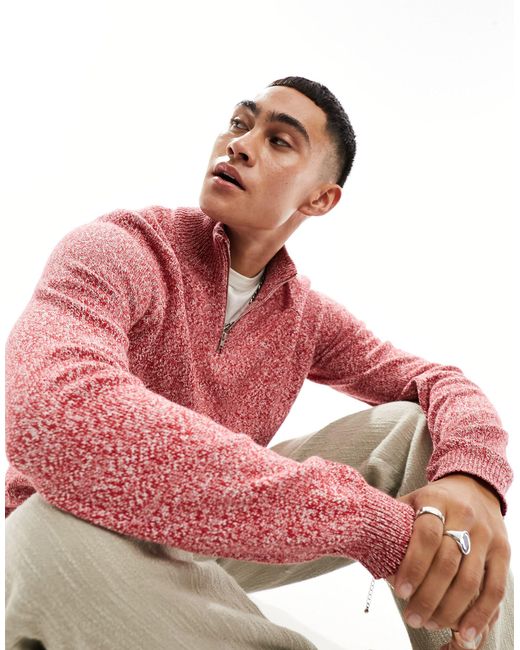 ASOS Pink Knitted Midweight Cotton 1/4 Zip Jumper for men