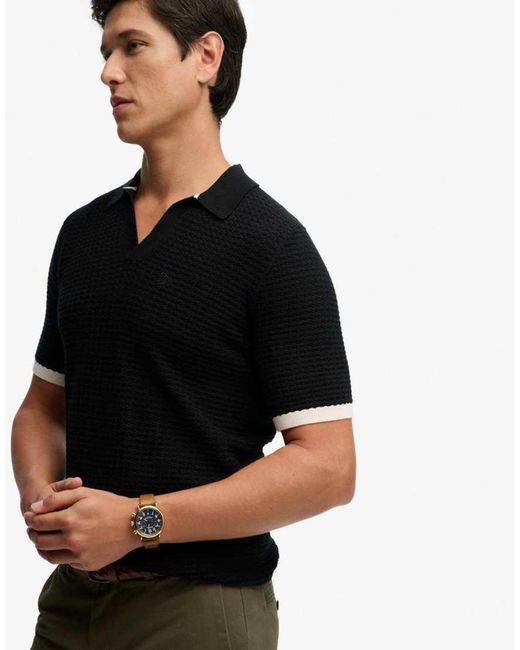 Superdry Black Johnny Collar Knitted Polo Shirt for men