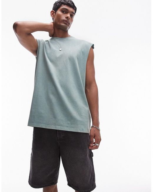 Topman Blue Oversized Fit Sleeveless T-shirt for men
