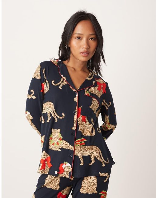 Chelsea Peers Blue Poly Long Sleeve Revere Pyjama Set