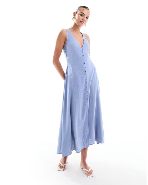 ASOS Blue Button Down Linen Midi Dress With Full Skirt