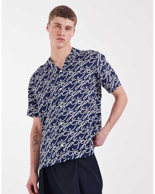 Tommy Hilfiger Blue Linen Camp Collar Short Sleeve Shirt for men