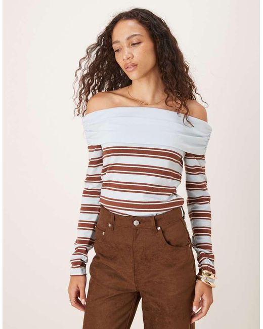 ASOS Brown Textured Stripe Fold Over Off Shoulder Top