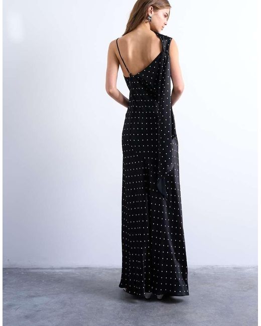 Vestido Midi Negro Con Lateral Fruncido, Detalle Drapeado En La Espalda Y Estampado De Lunares De TOPSHOP de color White