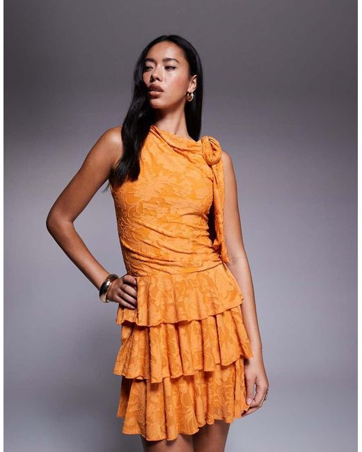 ASOS Orange Sleeveless With Tie Detail Mini Dress With Ruffles