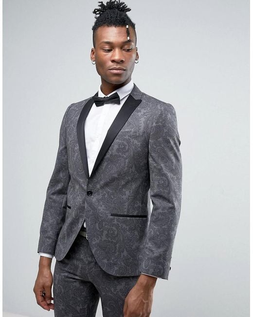 Noose And Monkey Gray Super Skinny Tuxedo Suit Jacket In Paisley for men