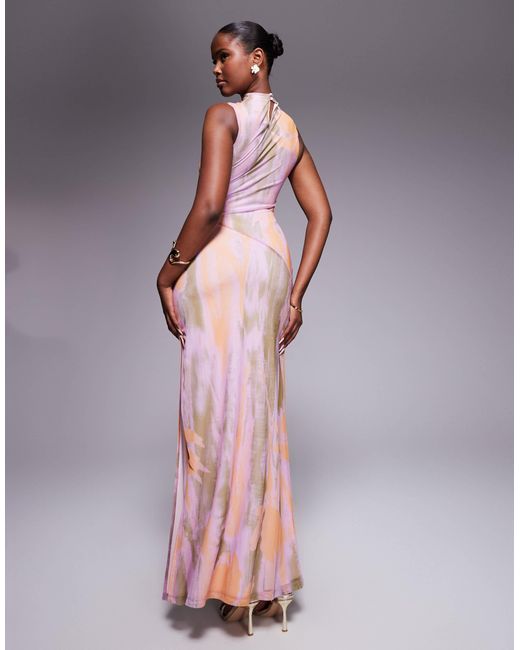 ASOS Multicolor Mesh High Neck Ruched Asymmetric Seam Maxi Dress