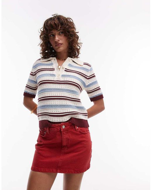 TOPSHOP Red Denim Mini Pelmet Skirt