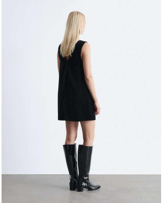 & Other Stories Black Stretch Velvet V-neck Mini Dress With Front Seam