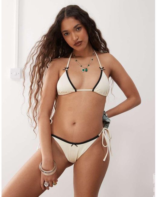 Lioness Natural Gisele Bow Detail Contrast Trim Halterneck Triangle Bikini Top