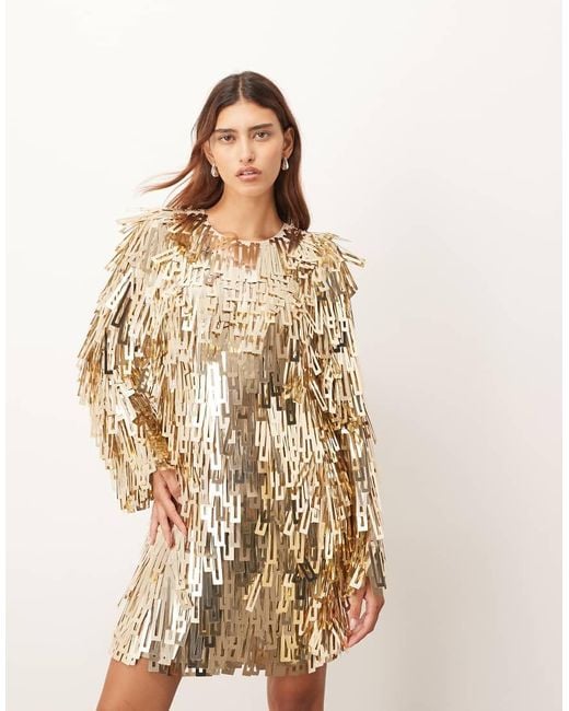 Vestito Corto A Maniche Lunghe Decorato Con Paillettes Effetto Scheggia di ARRANGE in Natural