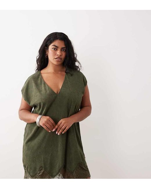 ASOS Green Asos Design Curve Cord V Neck Lace Trim Mini Shift Dress