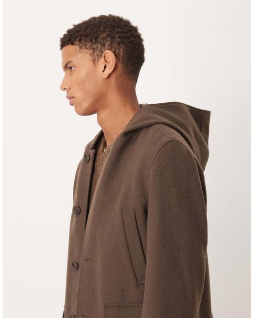 Mango Brown Hooded Brushed Coat With Pockets for men