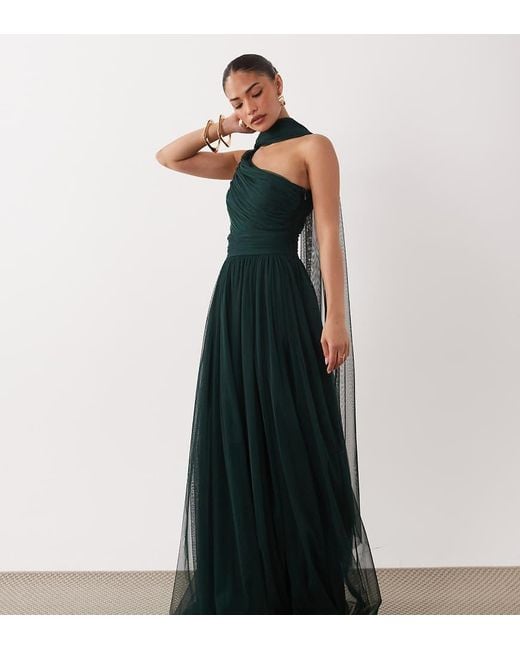LACE & BEADS Black Bridesmaids One Shoulder Scarf Neck Maxi Dress