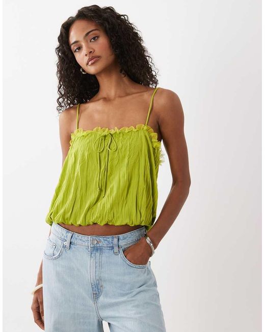ASOS Green Crinkle Cami With Bubble Hem And Mesh Trim