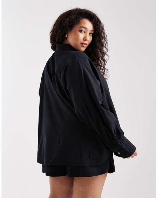 ASOS Black Asos Design Curve Biarritz Beach Textured Cotton Shirt Co Ord