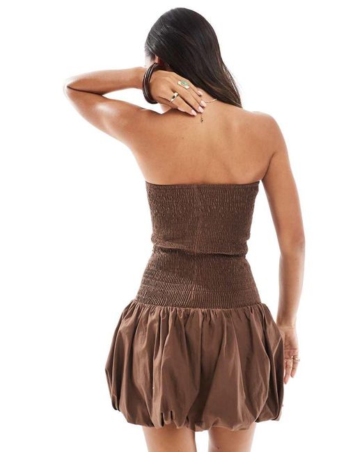 Pull&Bear Brown Shirred Mini Dress With Puffball Hem