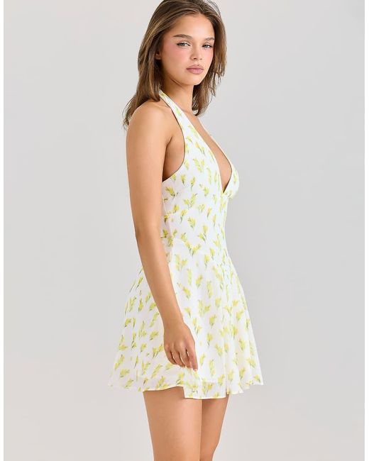 House Of Cb White Iris Lemon Floral Print Georgette Halter Neck Mini Dress