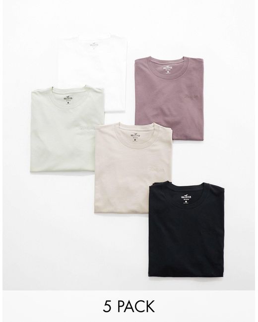 Confezione da 5 t-shirt girocollo con scritta del logo di Hollister in Pink da Uomo