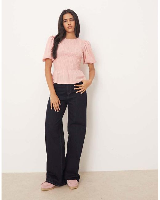 Top Con Mangas Abullonadas Y Detalle Fruncido De Tejido Texturizado De Threadbare de color Orange