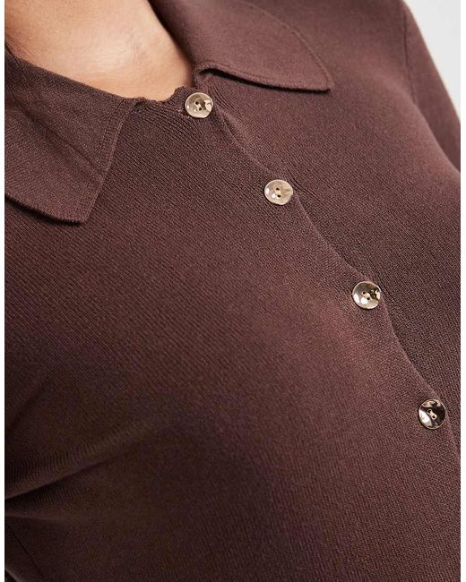 4th & Reckless Brown Fitted Ribbed Knit Gold Button Through Collared Top