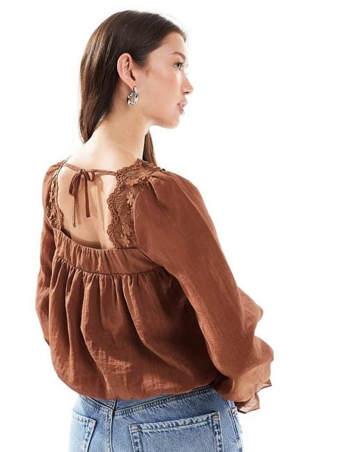 New Look Brown Bubble Hem Lace Blouse