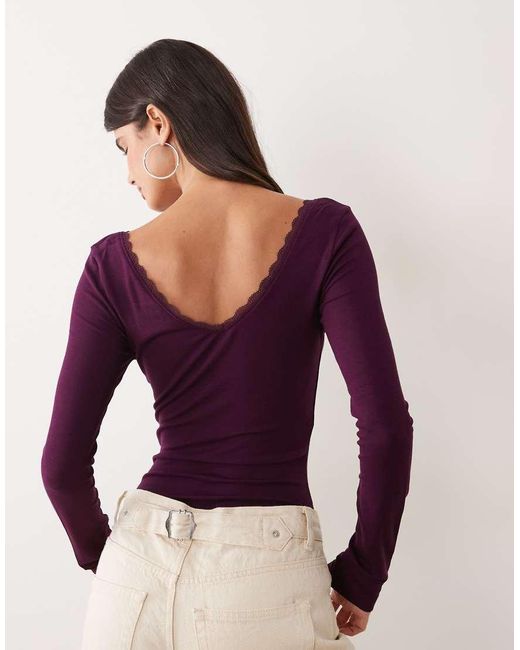 Miss Selfridge Purple Ruched V Neck Bodysuit With Lace Trim