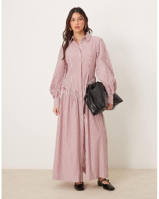 ASOS Maxi-Overhemdjurk Met Asymmetrische Knopen En Bordeauxrode Strepen in het Pink