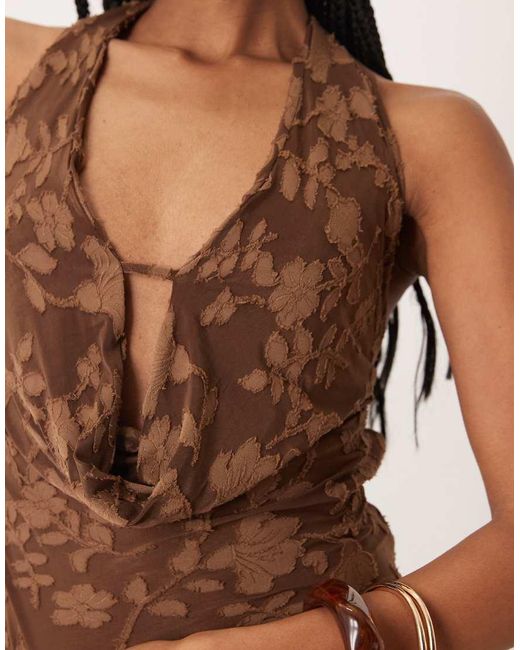 Motel Blue Yukari Burnout Mesh Floral Plunge Halter Top