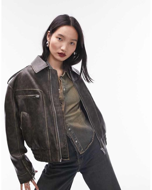TOPSHOP Faux Leather Cropped Collar Bomber Jacket in Black Lyst UK