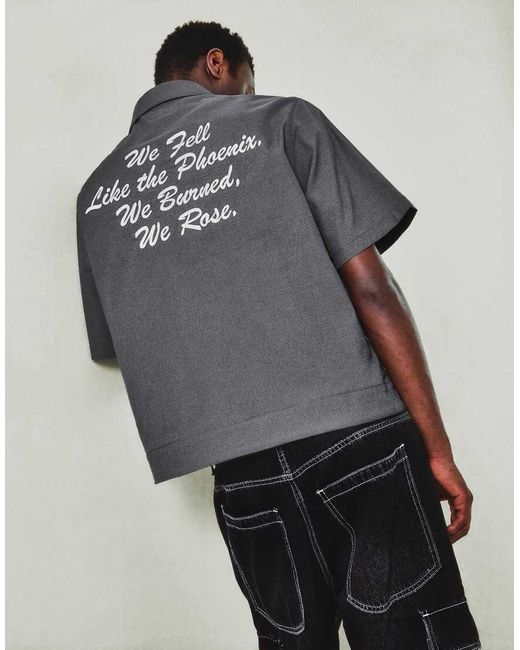Bershka Gray Embroidered Zip Short Sleeve Shirt for men