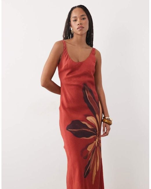 ASOS Red Scoop Neck Shift Maxi Dress With Placement Floral Print