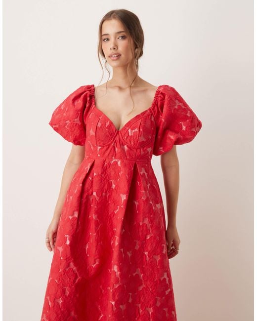 Sister Jane Red Dream Puff Sleeve Jacquard Midaxi Dress