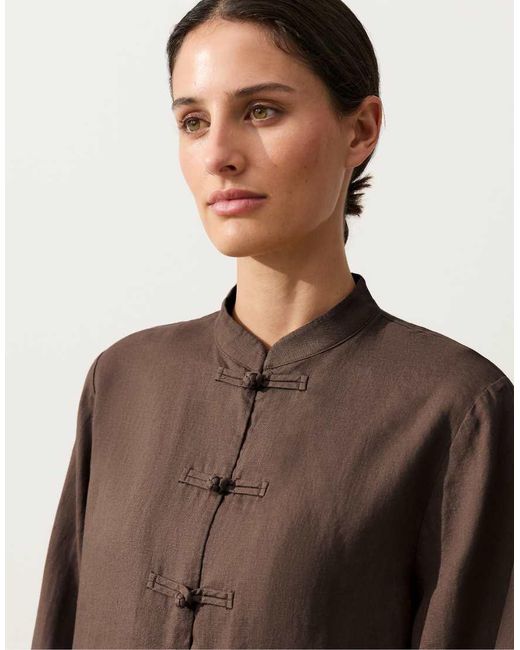 Oysho Brown 100% Linen Stand-Up Collar Jacket With Buttons