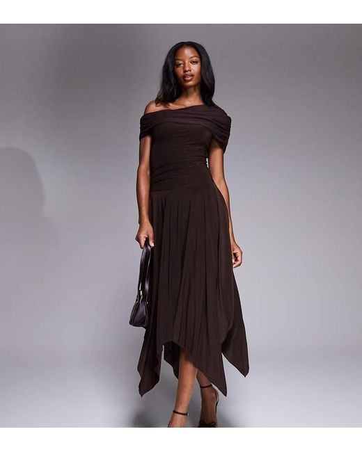Kaiia Brown Exclusive Double Layered Slinky Asymmetric Drape Detail Drop Waist Fairy Hem Maxi Dress