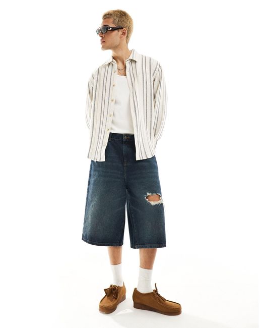 Pull&Bear White Long Sleeve Textured Stripe Shirt for men
