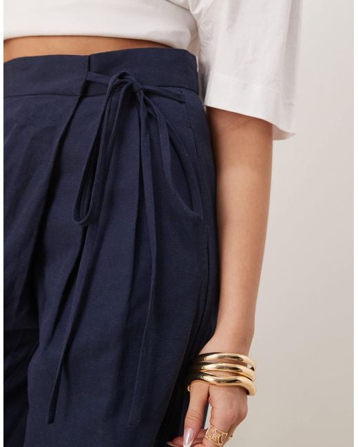 ASOS Blue Tailored Wrap Tie Trousers With Linen