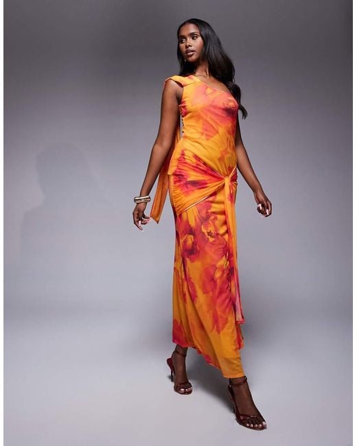 ASOS Orange One Shoulder Mesh Maxi Dress With Knotted Skirt Detailing