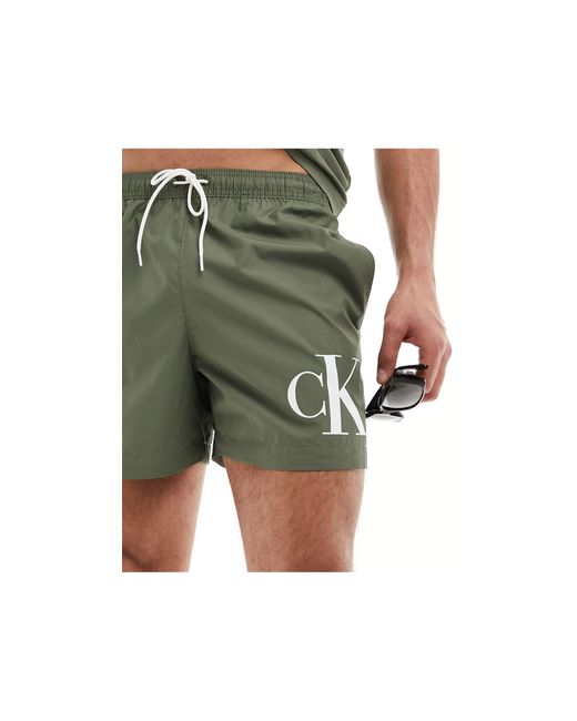 Calvin Klein Green Monogram Medium Drawstring Swim Shorts for men
