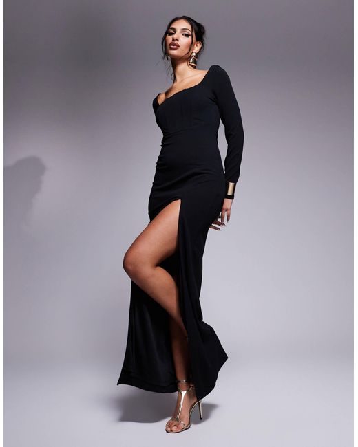 Lulus Black Square Neck Split Maxi Dress