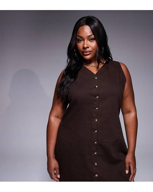 ASOS Brown Asos Design Curve Denim V Neck Dress With Button Through