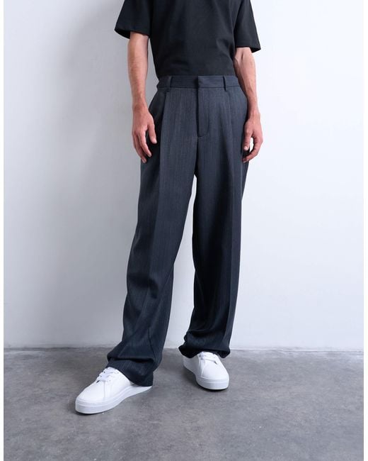 Topman Blue Wide Leg Pleated Stripe Trouser for men