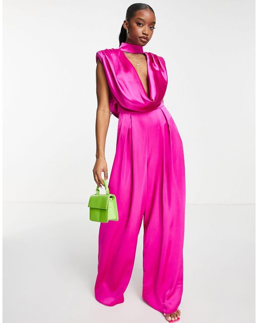 ASOS Satin Jumpsuit With Shoulder Pads And Cowl Neck in Pink | Lyst