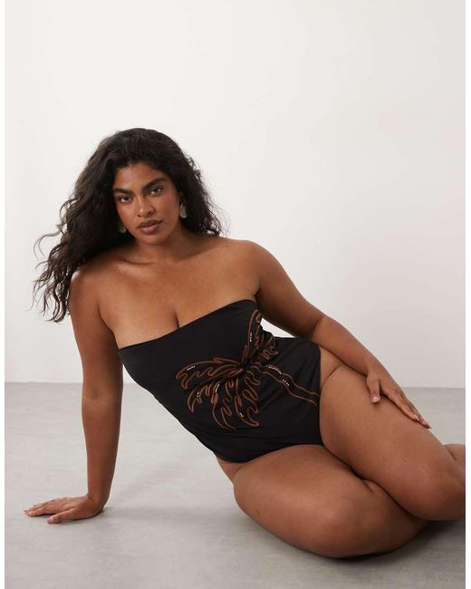 ASOS Multicolor Asos Design Curve Cornelia Bandeau Swimsuit With Embroidery Detail