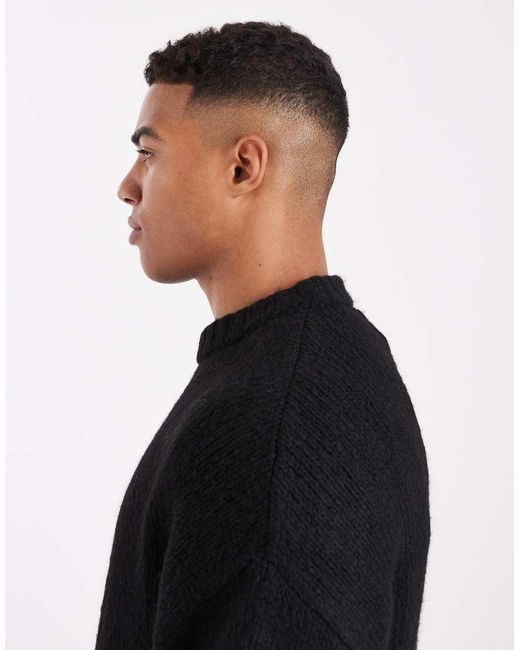 Jack & Jones Black Oversized Crew Neck Fluffy Yarn Jumper for men