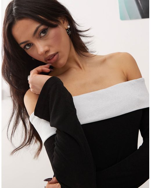 Princess Polly Black Contrast Foldover Bardot Long Sleeve Mini Dress